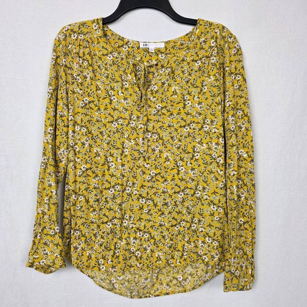 DR2 Floral Blouse Women Small Yellow Rayon